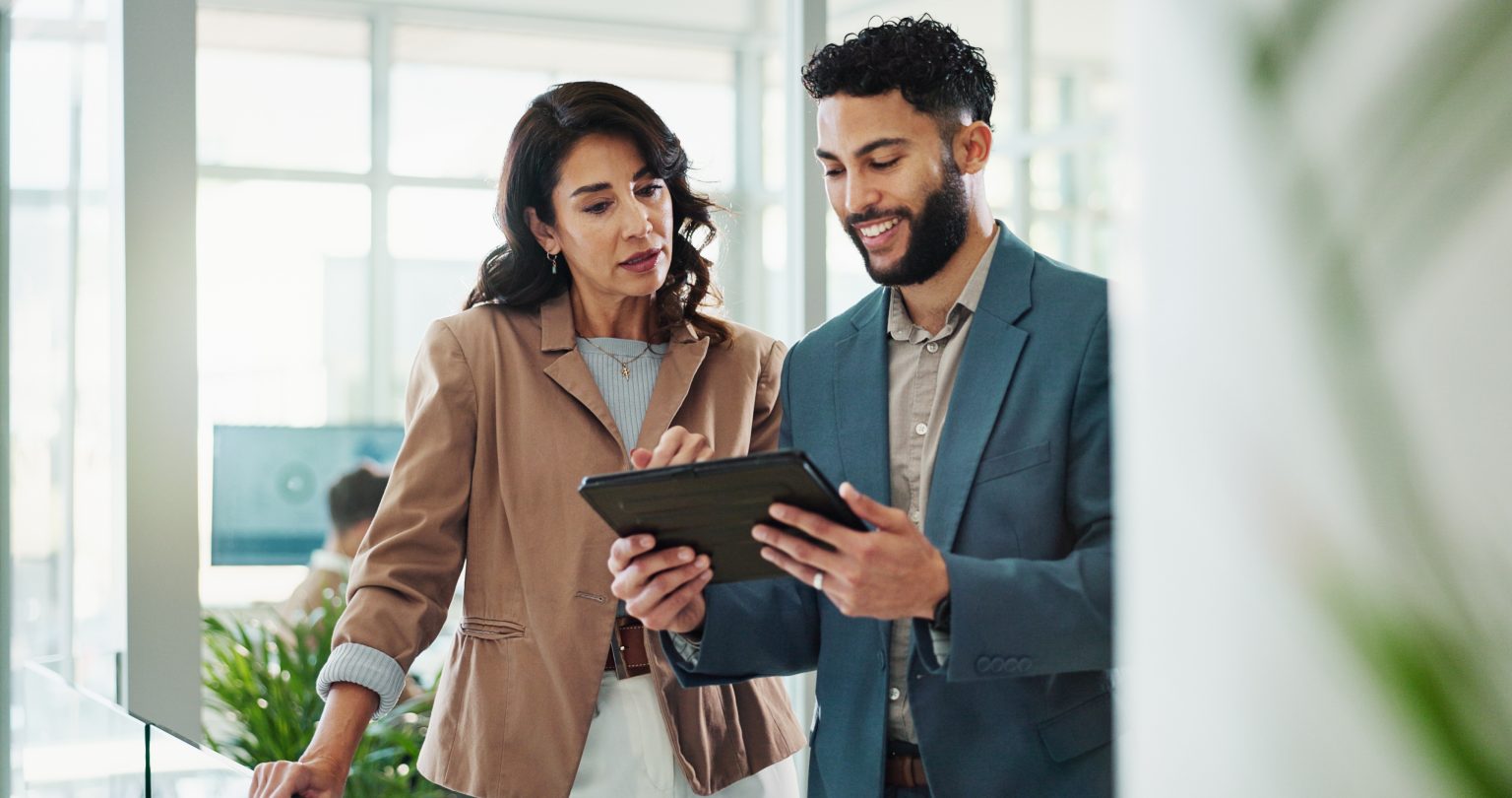 Tablet, meeting and business people in office with research for break in finance stock market. Discussion, digital technology and financial advisors with online revenue, profit or equity report.